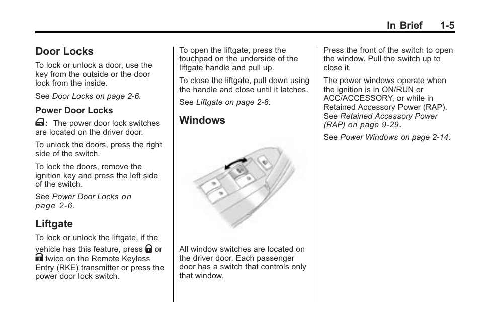 Door locks, Liftgate, Windows | Door locks -5 liftgate -5 windows -5 | Saturn 2010 VUE User Manual | Page 11 / 398