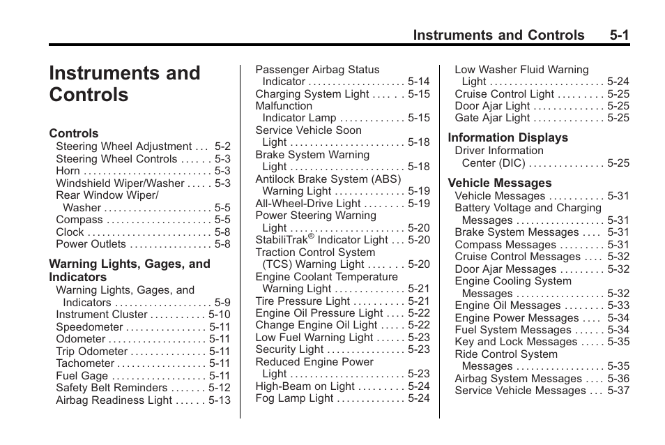 Instruments and controls, Instruments and controls 5-1 | Saturn 2010 VUE User Manual | Page 111 / 398