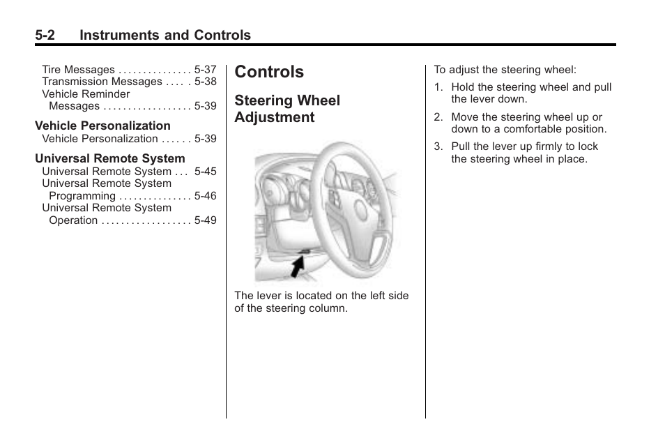 Controls, Steering wheel adjustment, Controls -2 | Driving information, Steering wheel adjustment on, Steering wheel adjustment -2, 2 instruments and controls | Saturn 2010 VUE User Manual | Page 112 / 398