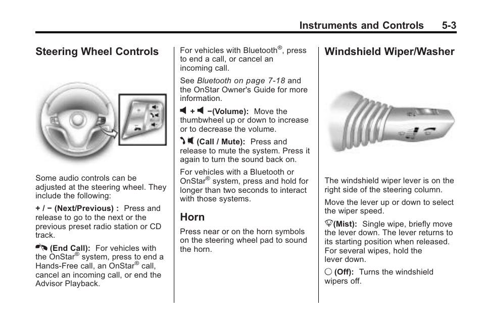 Steering wheel controls, Horn, Windshield wiper/washer | Windshield wiper/washer on, Steering wheel controls on, Antilock, Instruments and controls 5-3 | Saturn 2010 VUE User Manual | Page 113 / 398