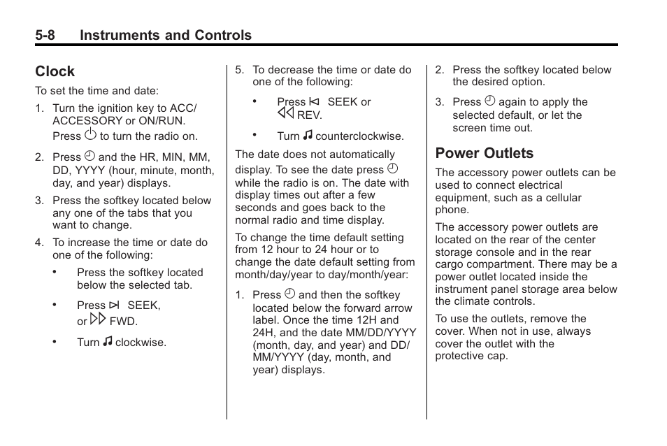 Clock, Power outlets, Clock -8 power outlets -8 | 8 instruments and controls | Saturn 2010 VUE User Manual | Page 118 / 398