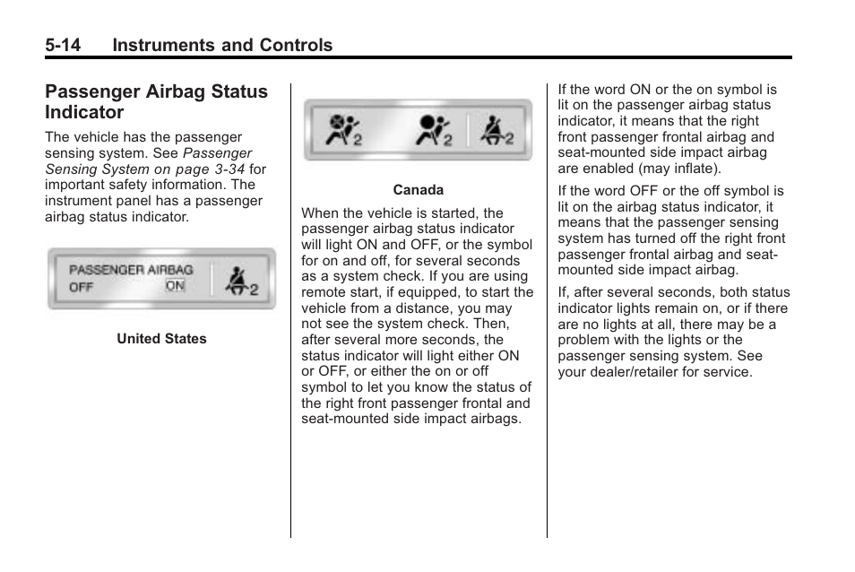 Passenger airbag status indicator, Passenger airbag status, Indicator -14 | Saturn 2010 VUE User Manual | Page 124 / 398