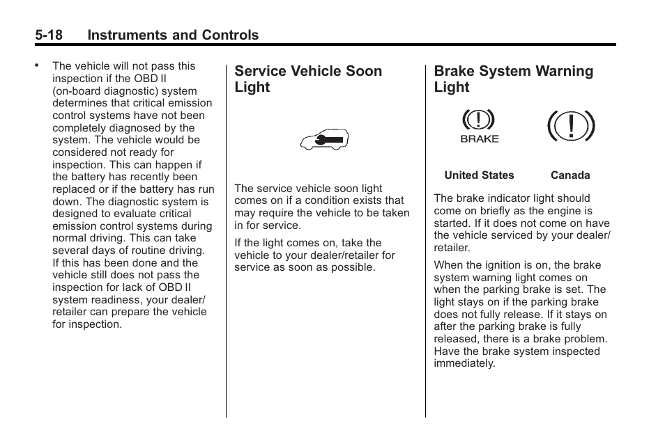 Service vehicle soon light, Brake system warning light, Service vehicle soon | Light -18, Brake system warning, 18 instruments and controls | Saturn 2010 VUE User Manual | Page 128 / 398