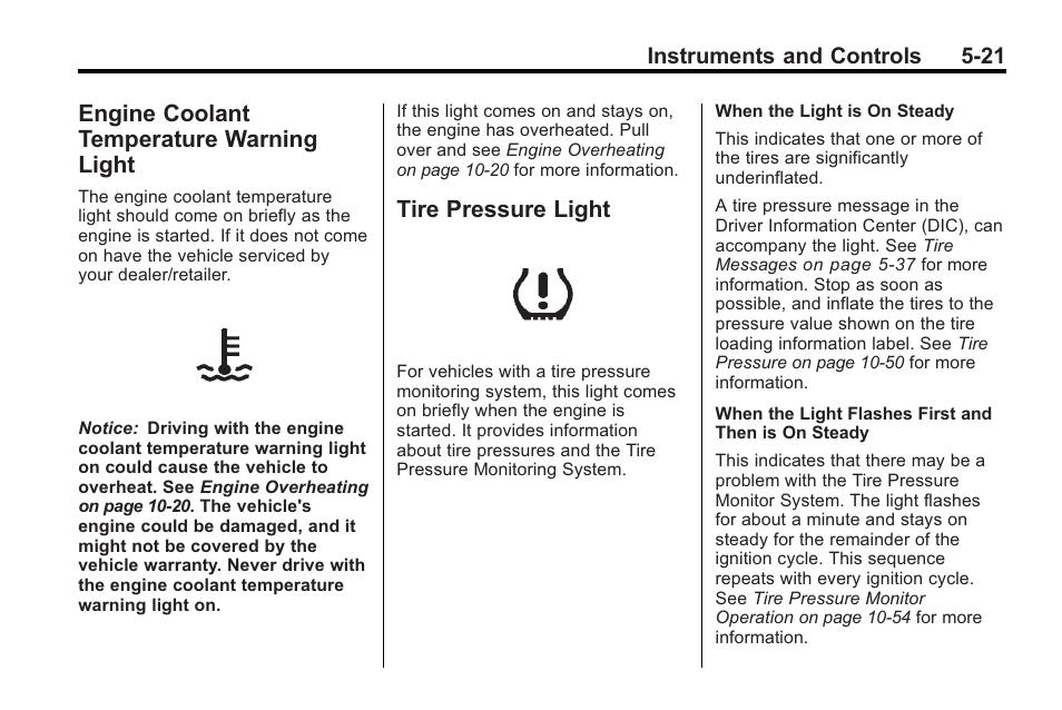 Engine coolant temperature warning light, Tire pressure light, Engine coolant temperature | Warning light -21, Tire pressure light -21 | Saturn 2010 VUE User Manual | Page 131 / 398