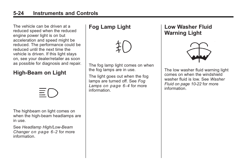 High-beam on light, Fog lamp light, Low washer fluid warning light | On light -24 fog lamp light -24, Low washer fluid warning, Light -24 | Saturn 2010 VUE User Manual | Page 134 / 398