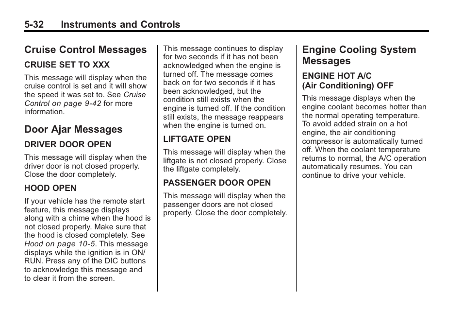 Cruise control messages, Door ajar messages, Engine cooling system messages | Messages -32 | Saturn 2010 VUE User Manual | Page 142 / 398