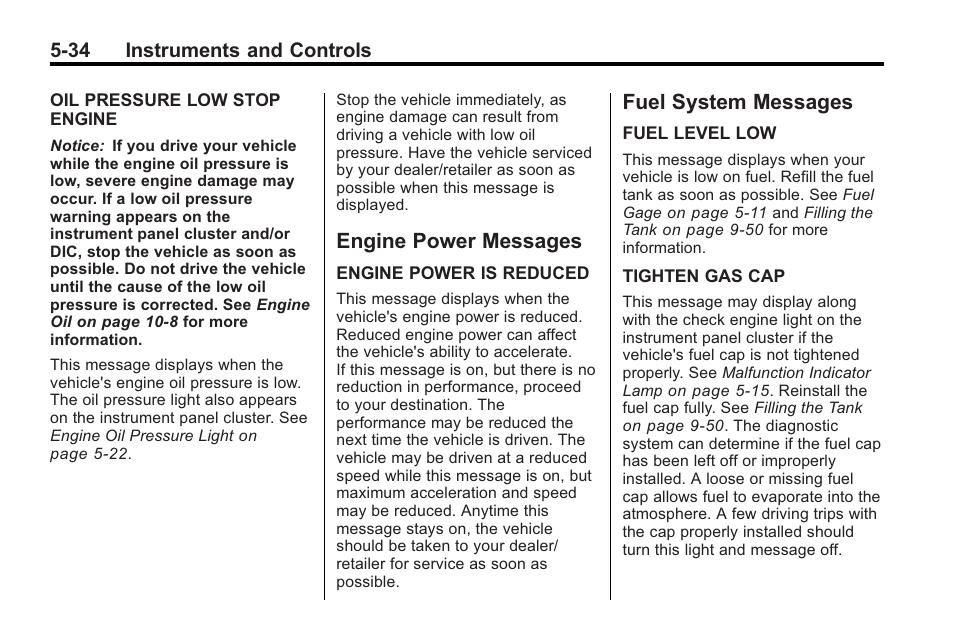 Engine power messages, Fuel system messages, Engine power messages -34 fuel system messages -34 | Saturn 2010 VUE User Manual | Page 144 / 398