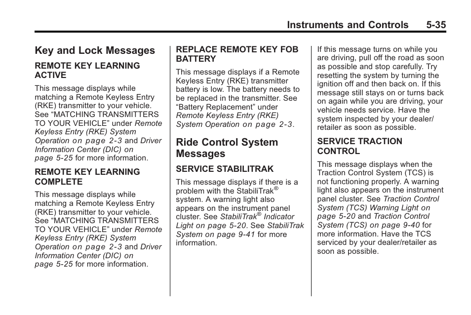 Key and lock messages, Ride control system messages, Key and lock messages -35 ride control system | Messages -35, Instruments and controls 5-35 | Saturn 2010 VUE User Manual | Page 145 / 398