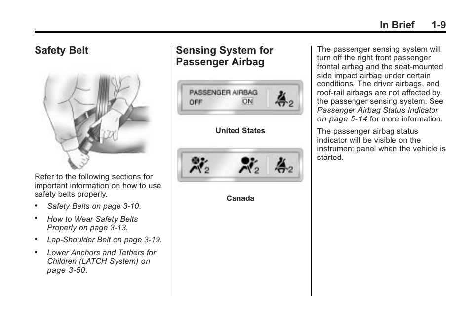 Safety belt, Sensing system for passenger airbag, Safety belt -9 sensing system for | Passenger airbag -9 | Saturn 2010 VUE User Manual | Page 15 / 398