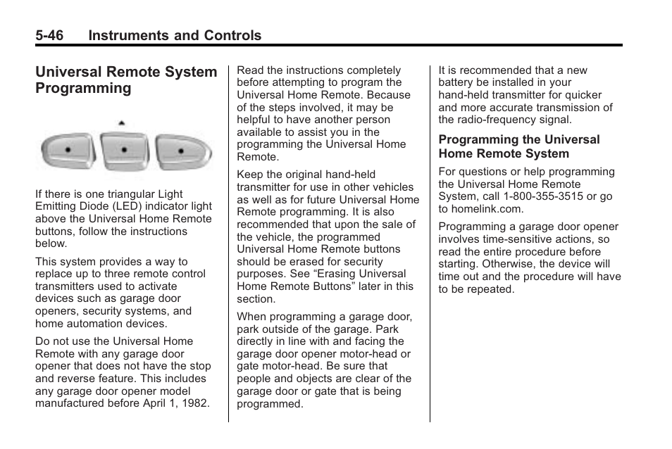 Universal remote system programming, Universal remote system, Programming -46 | 46 instruments and controls | Saturn 2010 VUE User Manual | Page 156 / 398