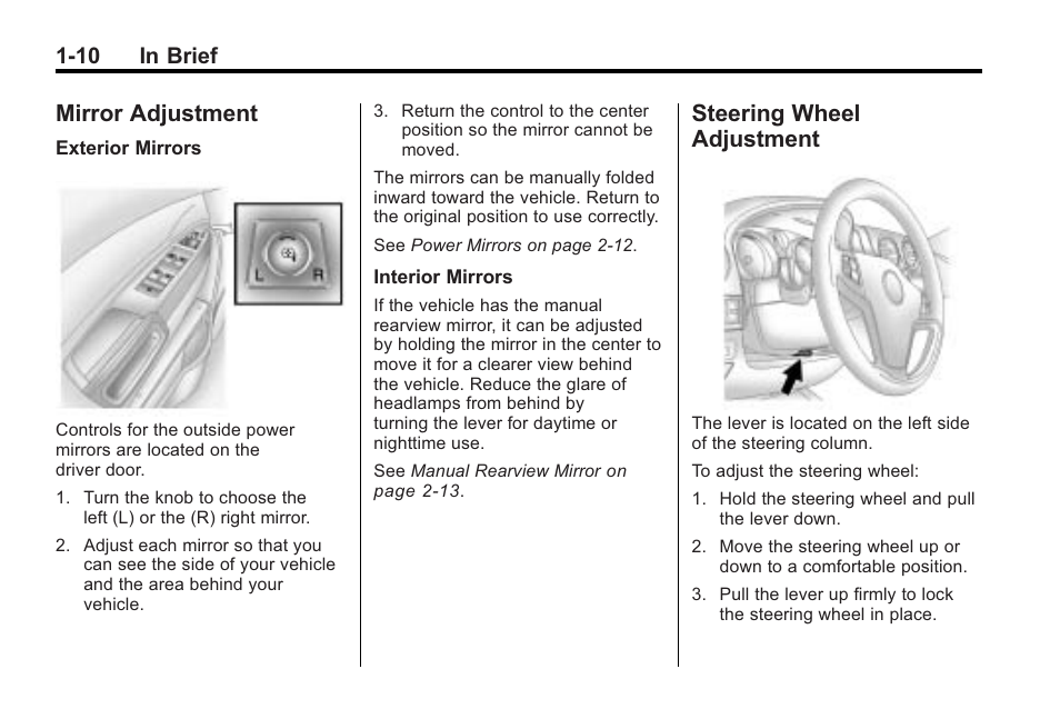 Mirror adjustment, Steering wheel adjustment, Mirror adjustment -10 steering wheel | Adjustment -10, 10 in brief | Saturn 2010 VUE User Manual | Page 16 / 398