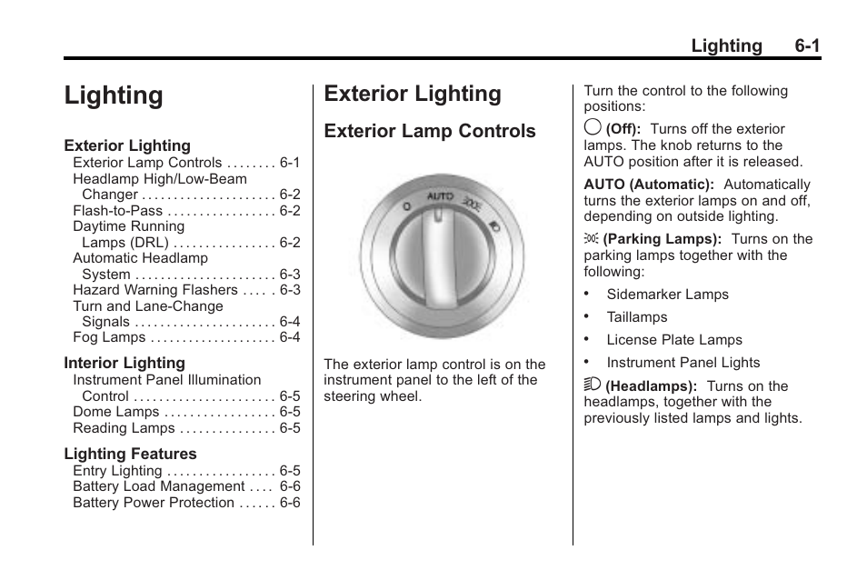 Lighting, Exterior lighting, Exterior lamp controls | Exterior lighting -1, Fuel, Exterior lamp controls on, Lighting 6-1 | Saturn 2010 VUE User Manual | Page 161 / 398