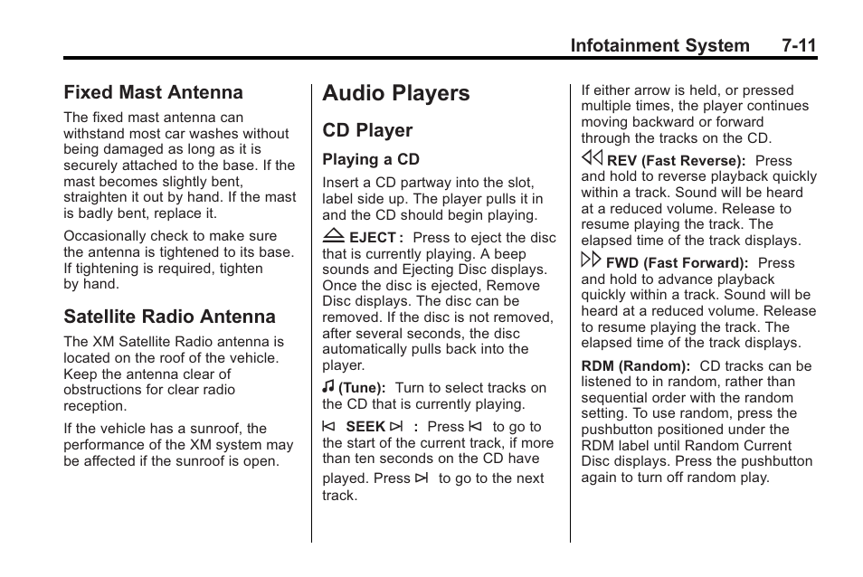 Fixed mast antenna, Satellite radio antenna, Audio players | Cd player, Fixed mast antenna -11 satellite radio antenna -11, Cd player -11 | Saturn 2010 VUE User Manual | Page 177 / 398