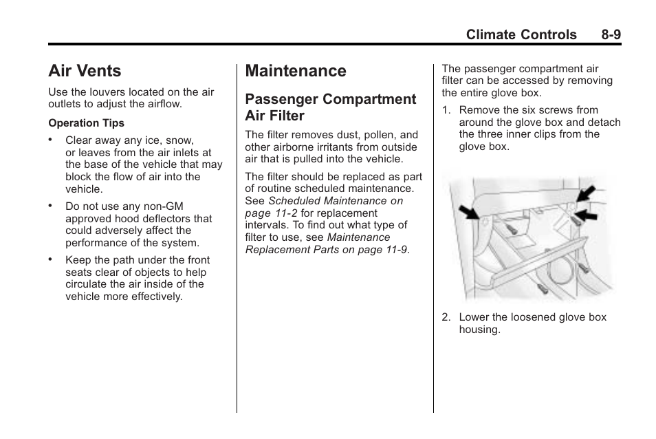 Air vents, Maintenance, Passenger compartment air filter | Air vents -9, Passenger compartment air, Filter -9, Climate controls 8-9 | Saturn 2010 VUE User Manual | Page 203 / 398