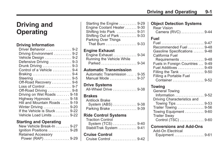 Driving and operating, Driving and operating -1, Driving and operating 9-1 | Saturn 2010 VUE User Manual | Page 205 / 398