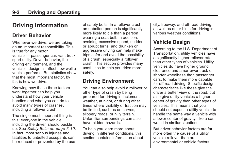 Driving information, Driver behavior, Driving environment | Vehicle design | Saturn 2010 VUE User Manual | Page 206 / 398