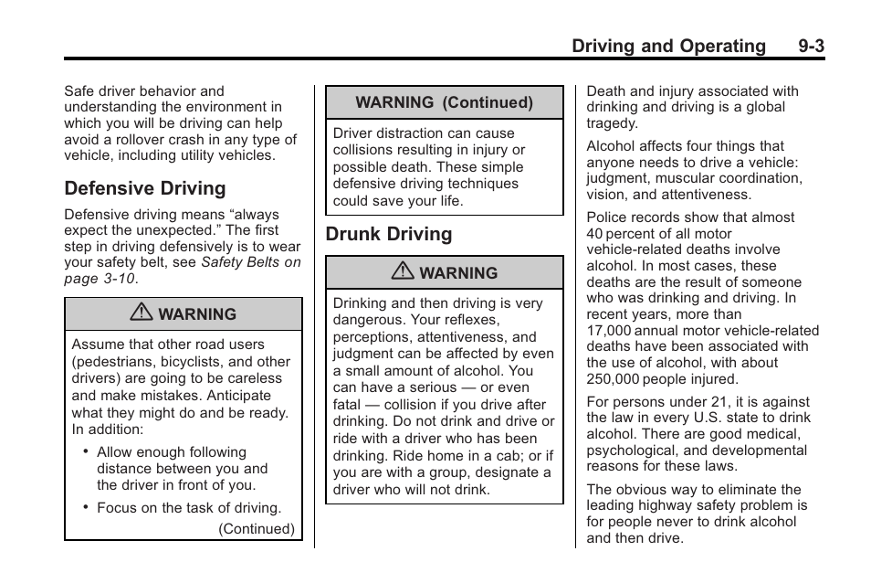 Defensive driving, Drunk driving, Defensive driving -3 drunk driving -3 | Saturn 2010 VUE User Manual | Page 207 / 398