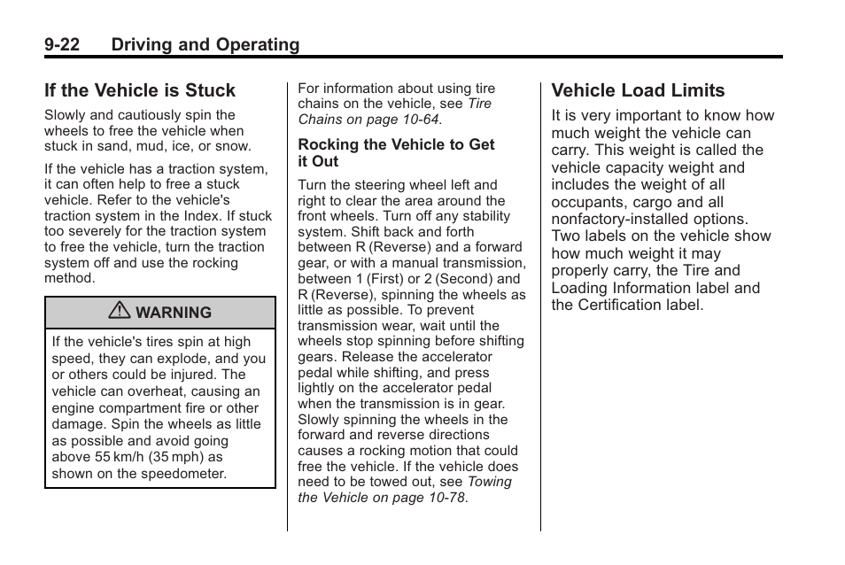 If the vehicle is stuck, Vehicle load limits, Ride | Saturn 2010 VUE User Manual | Page 226 / 398