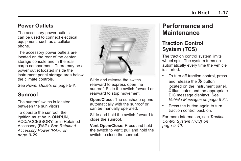 Power outlets, Sunroof, Performance and maintenance | Traction control system (tcs), Performance and, Maintenance -17, Instruments and controls, Power outlets -17 sunroof -17, Traction control, System (tcs) -17 | Saturn 2010 VUE User Manual | Page 23 / 398