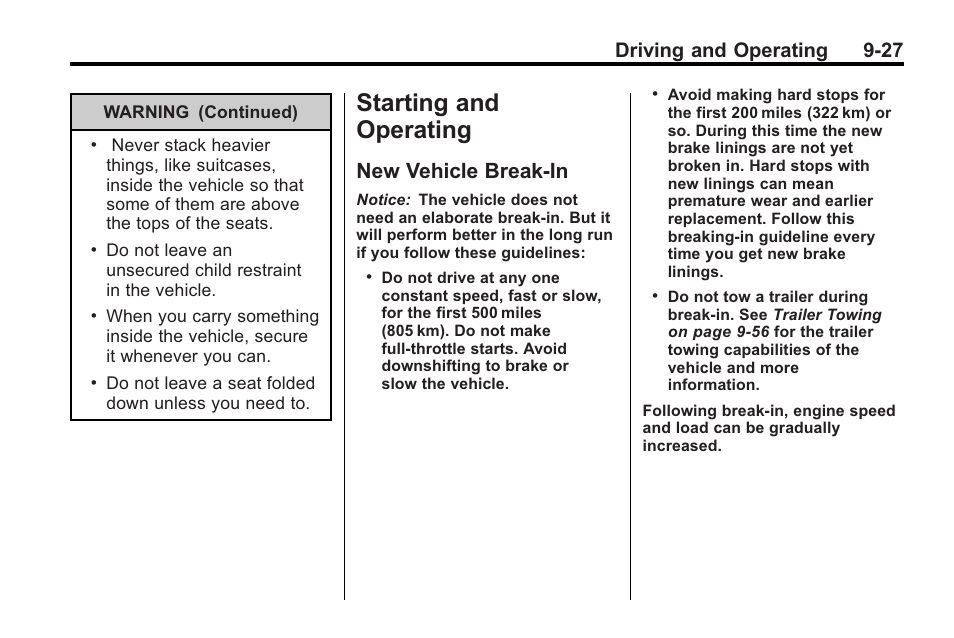 Starting and operating, New vehicle break-in, Starting and operating -27 | New vehicle break-in -27, Driving and operating 9-27 | Saturn 2010 VUE User Manual | Page 231 / 398