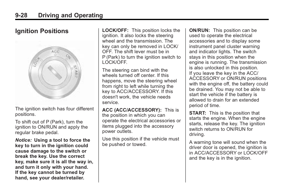 Ignition positions, Ignition positions -28, 28 driving and operating | Saturn 2010 VUE User Manual | Page 232 / 398