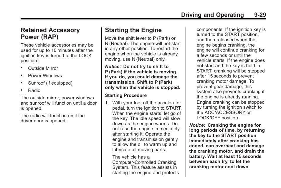 Retained accessory power (rap), Starting the engine, Retained accessory | Power (rap) -29, Starting the engine -29, Driving and operating 9-29 | Saturn 2010 VUE User Manual | Page 233 / 398