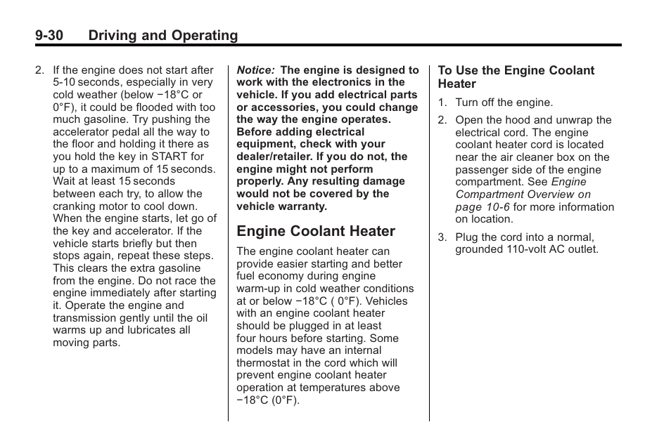 Engine coolant heater, Engine coolant heater -30, 30 driving and operating | Saturn 2010 VUE User Manual | Page 234 / 398