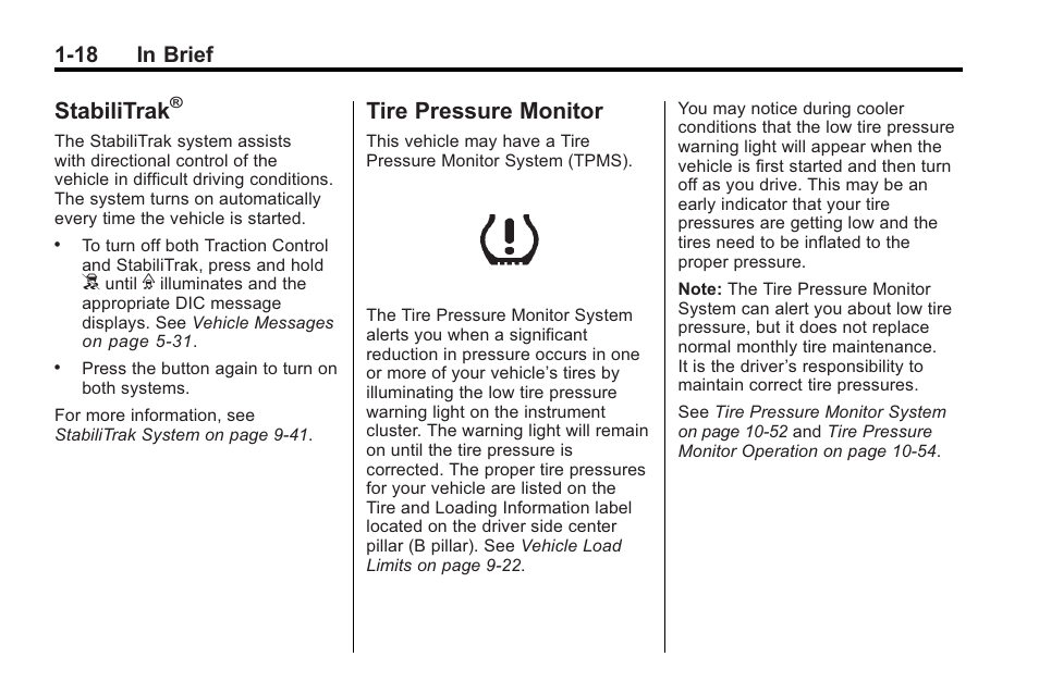 Stabilitrak, Tire pressure monitor, Tire pressure monitor -18 | 18 in brief | Saturn 2010 VUE User Manual | Page 24 / 398
