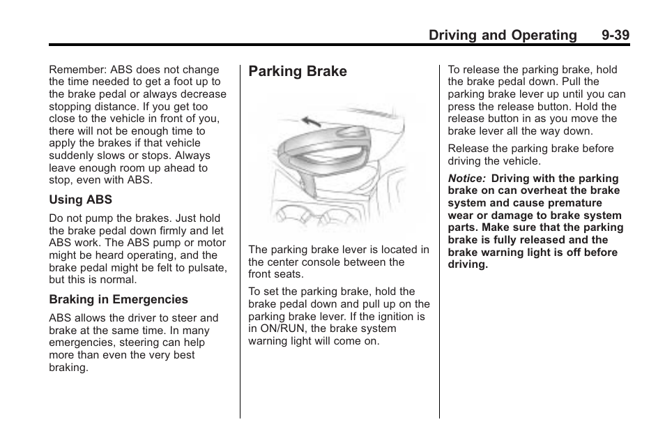Parking brake, Brake -39, Driving and operating 9-39 | Saturn 2010 VUE User Manual | Page 243 / 398