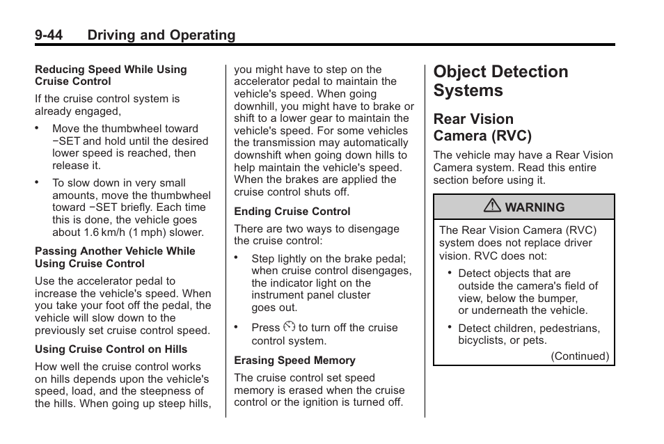 Object detection systems, Rear vision camera (rvc), Object detection systems -44 | Rear vision, Camera (rvc) -44, 44 driving and operating | Saturn 2010 VUE User Manual | Page 248 / 398