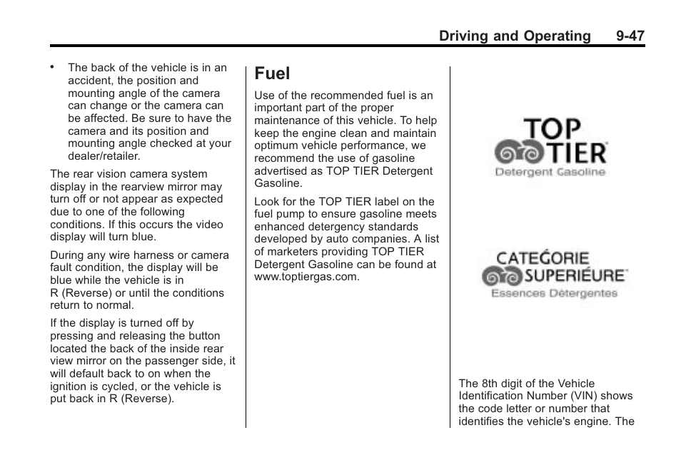 Fuel, Fuel -47, Driving and operating 9-47 | Saturn 2010 VUE User Manual | Page 251 / 398