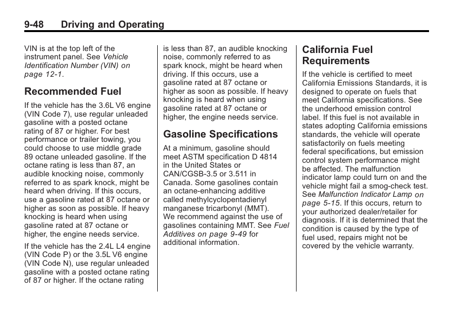 Recommended fuel, Gasoline specifications, California fuel requirements | Requirements -48 | Saturn 2010 VUE User Manual | Page 252 / 398