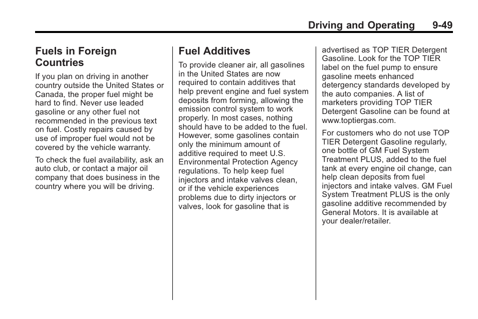 Fuels in foreign countries, Fuel additives, Fuels in foreign countries -49 fuel additives -49 | Saturn 2010 VUE User Manual | Page 253 / 398