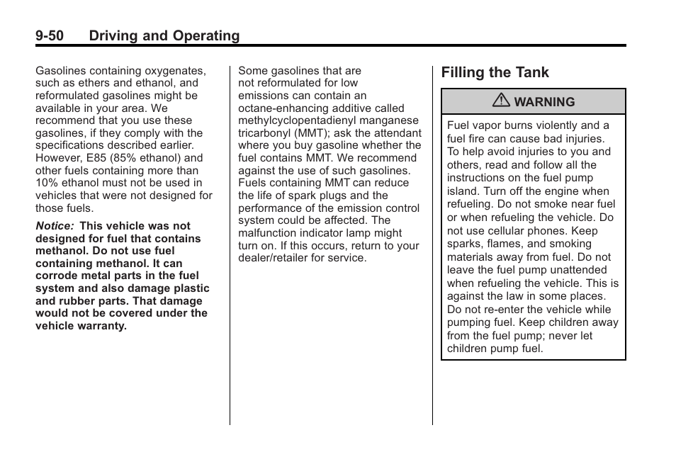 Filling the tank, Filling the tank -50 | Saturn 2010 VUE User Manual | Page 254 / 398