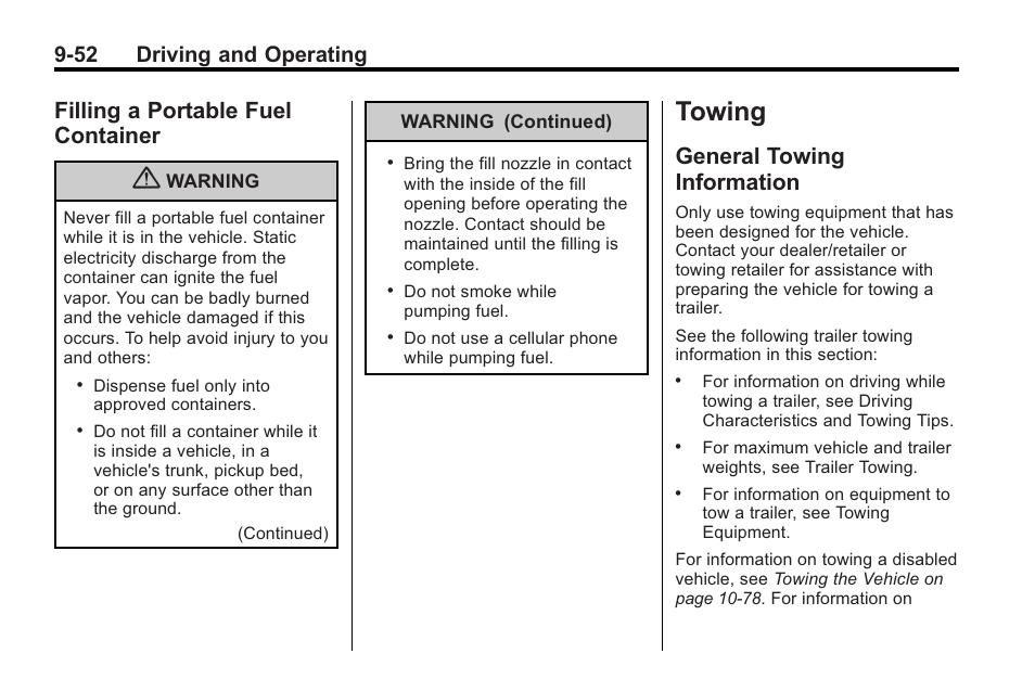 Filling a portable fuel container, Towing, General towing information | Towing -52, Filling a portable fuel, Container -52, General towing, Information -52, 52 driving and operating | Saturn 2010 VUE User Manual | Page 256 / 398