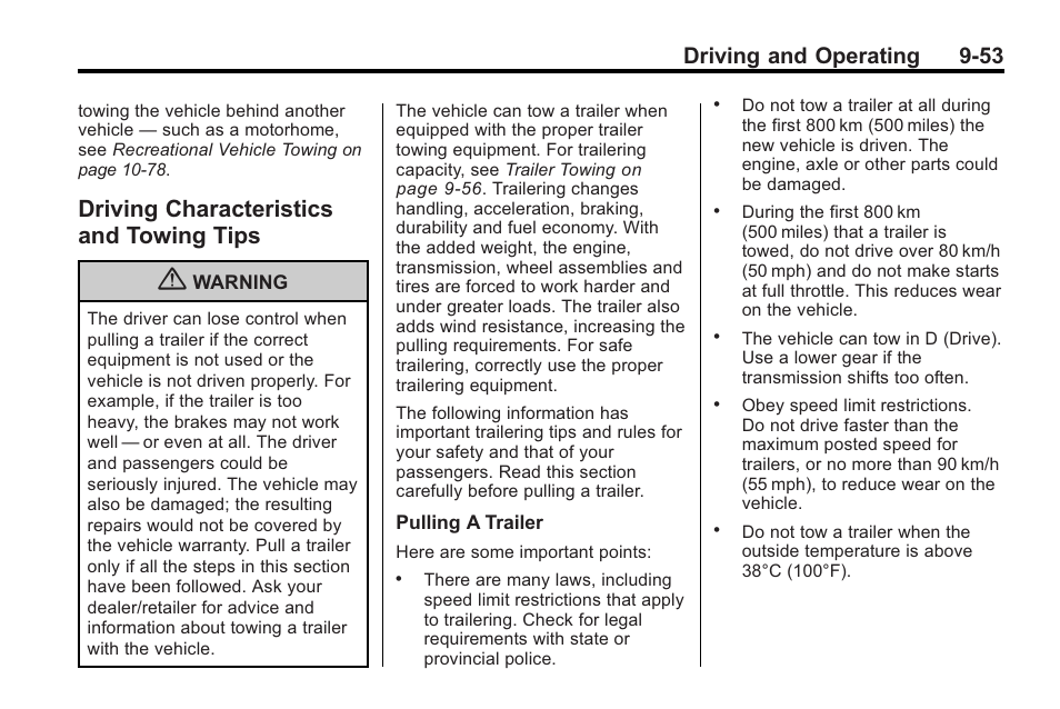 Driving characteristics and towing tips, Driving characteristics and, Towing tips -53 | Driving and operating 9-53 | Saturn 2010 VUE User Manual | Page 257 / 398