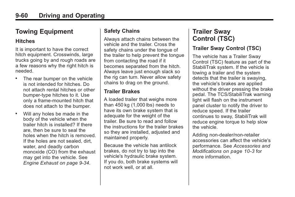 Towing equipment, Trailer sway control (tsc), Towing equipment -60 trailer sway | Control (tsc) -60, 60 driving and operating | Saturn 2010 VUE User Manual | Page 264 / 398