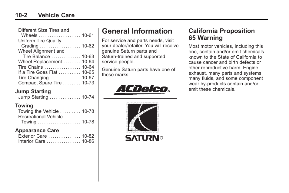 General information, California proposition 65 warning, General information -2 | Vehicle, General information -2 california proposition, 65 warning -2, 2 vehicle care | Saturn 2010 VUE User Manual | Page 268 / 398