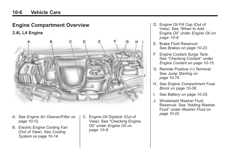 Engine compartment overview, Engine compartment, Overview -6 | Bulb, 6 vehicle care | Saturn 2010 VUE User Manual | Page 272 / 398