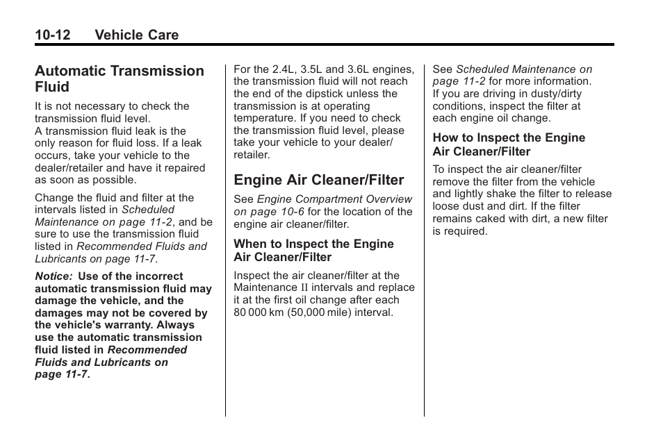 Automatic transmission fluid, Engine air cleaner/filter, Automatic transmission | Fluid -12, Engine air cleaner/filter -12, Engine air cleaner/filter on | Saturn 2010 VUE User Manual | Page 278 / 398