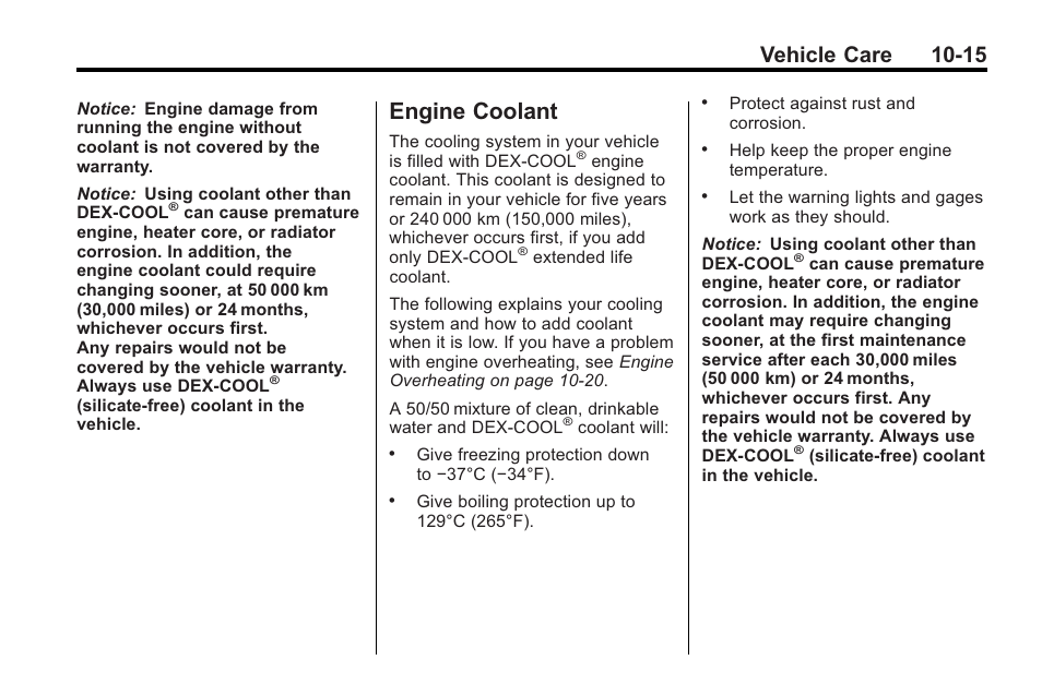 Engine coolant, Engine coolant -15, Stoplamps | Vehicle care 10-15 | Saturn 2010 VUE User Manual | Page 281 / 398