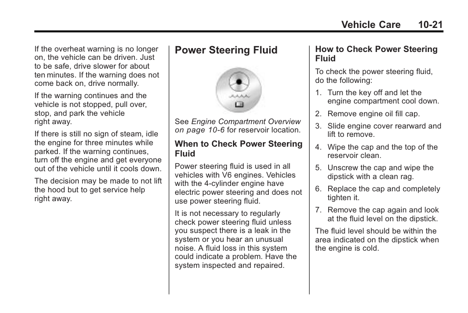 Power steering fluid, Power steering fluid -21, License | Vehicle care 10-21 | Saturn 2010 VUE User Manual | Page 287 / 398