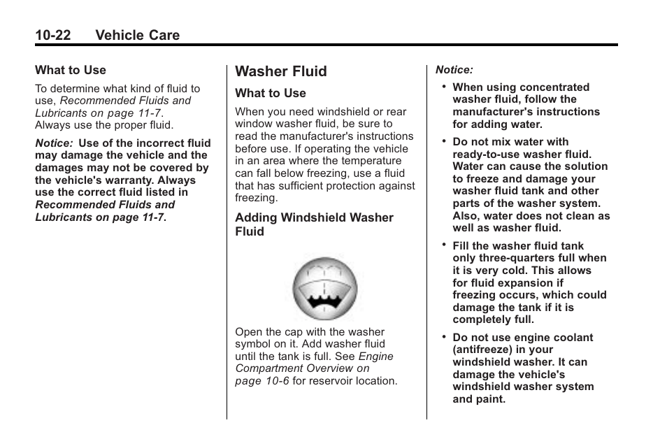 Washer fluid, Washer fluid -22, Replacement | 22 vehicle care | Saturn 2010 VUE User Manual | Page 288 / 398