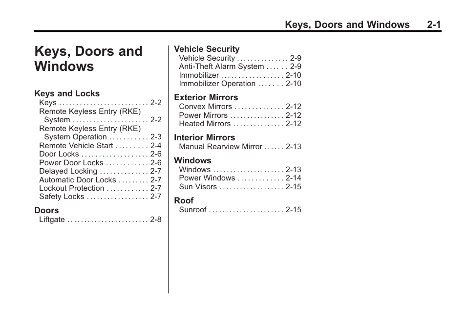 Keys, doors and windows, Keys, doors and windows -1 | Saturn 2010 VUE User Manual | Page 29 / 398