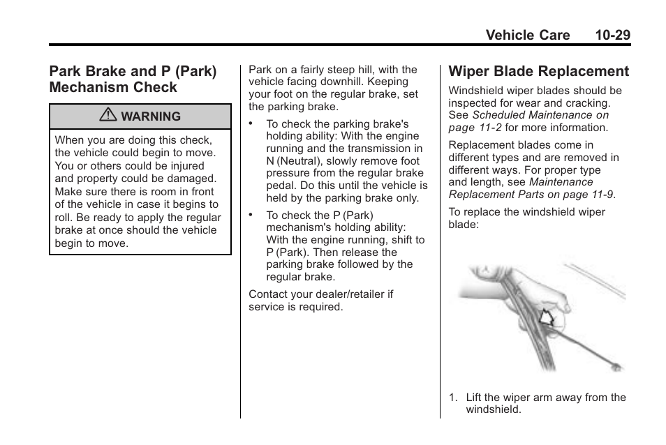 Park brake and p (park) mechanism check, Wiper blade replacement, Park brake and p (park) | Mechanism check -29, Wiper blade, Replacement -29, Vehicle care 10-29 | Saturn 2010 VUE User Manual | Page 295 / 398
