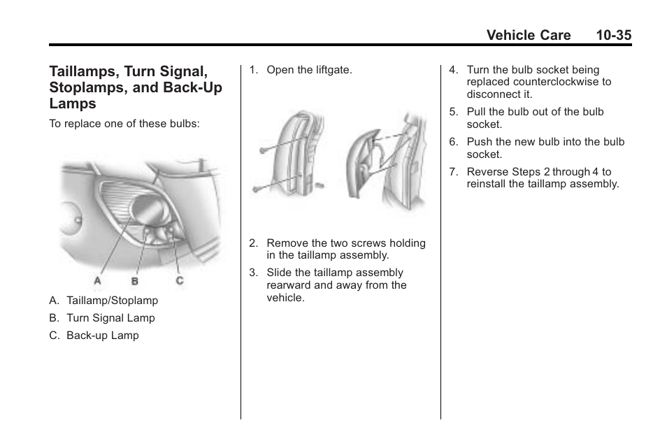 Taillamps, turn signal, Back-up lamps -35, Vehicle care 10-35 | Saturn 2010 VUE User Manual | Page 301 / 398