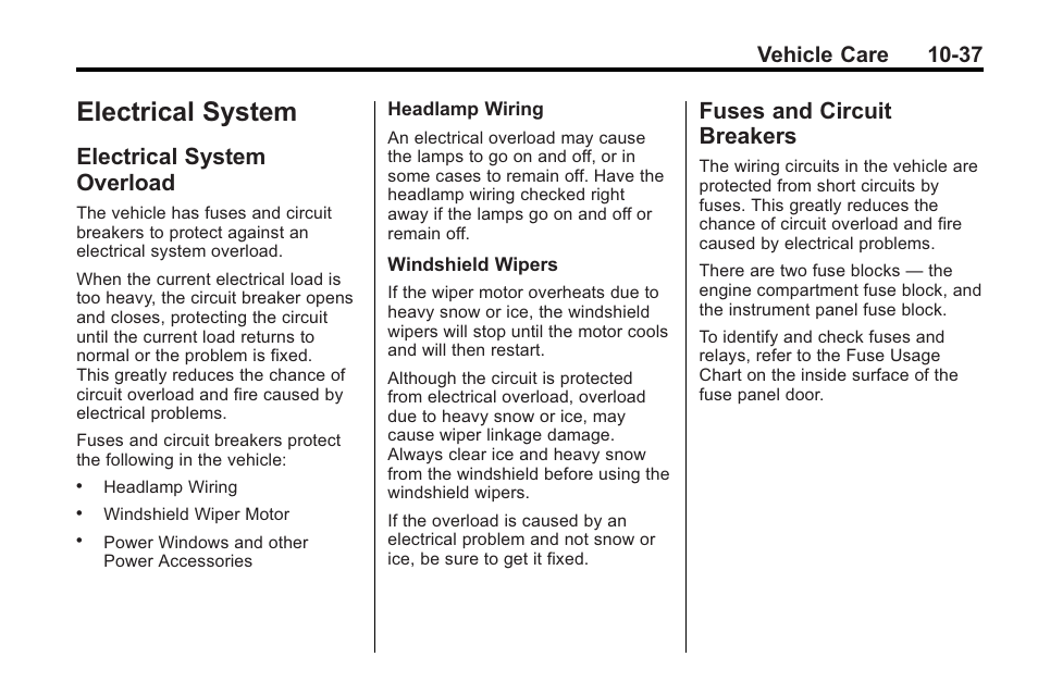 Electrical system, Electrical system overload, Fuses and circuit breakers | Electrical system -37, Customer, Overload -37, And circuit, Breakers -37, Vehicle care 10-37 | Saturn 2010 VUE User Manual | Page 303 / 398