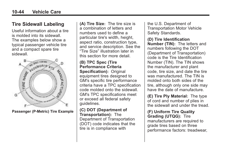 Tire sidewall labeling, Tire sidewall labeling -44 | Saturn 2010 VUE User Manual | Page 310 / 398