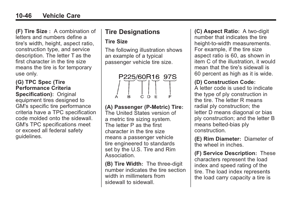 Tire designations, Tire designations -46 | Saturn 2010 VUE User Manual | Page 312 / 398