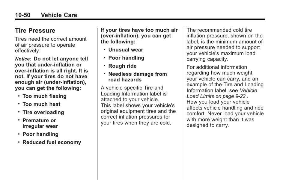 Tire pressure, Tire pressure -50, 50 vehicle care | Saturn 2010 VUE User Manual | Page 316 / 398